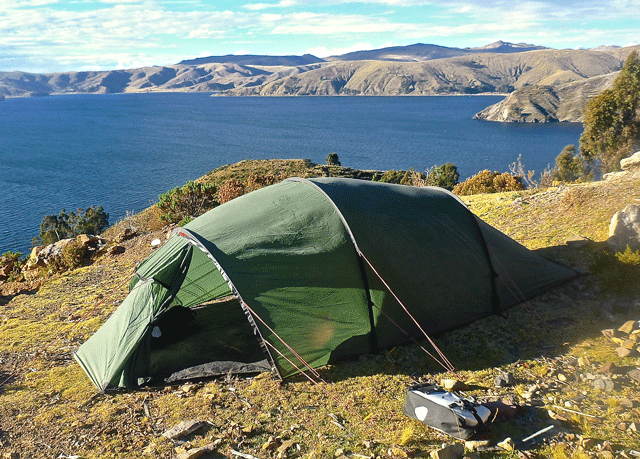 A blustery camp spot on a ledge above the lake
